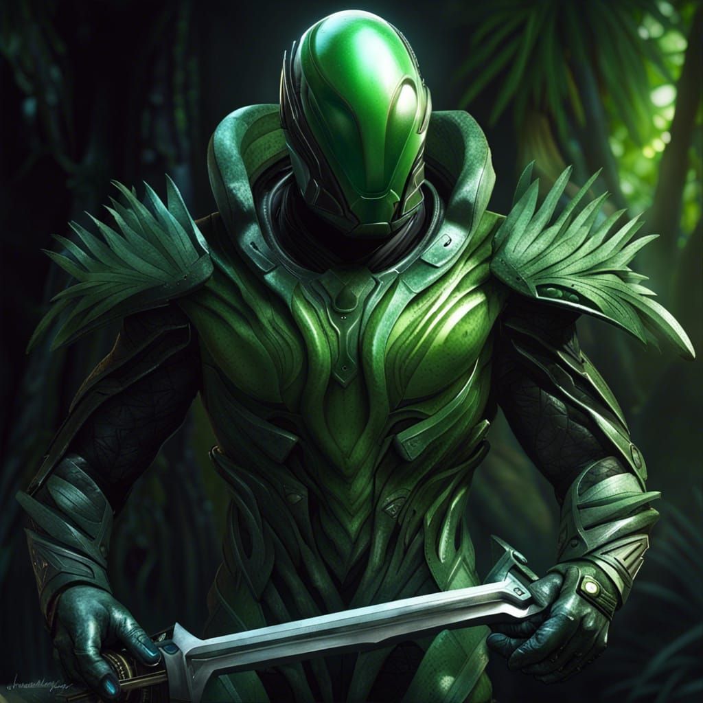 Prometheus wearing detailed armor welding magical green sword - AI ...