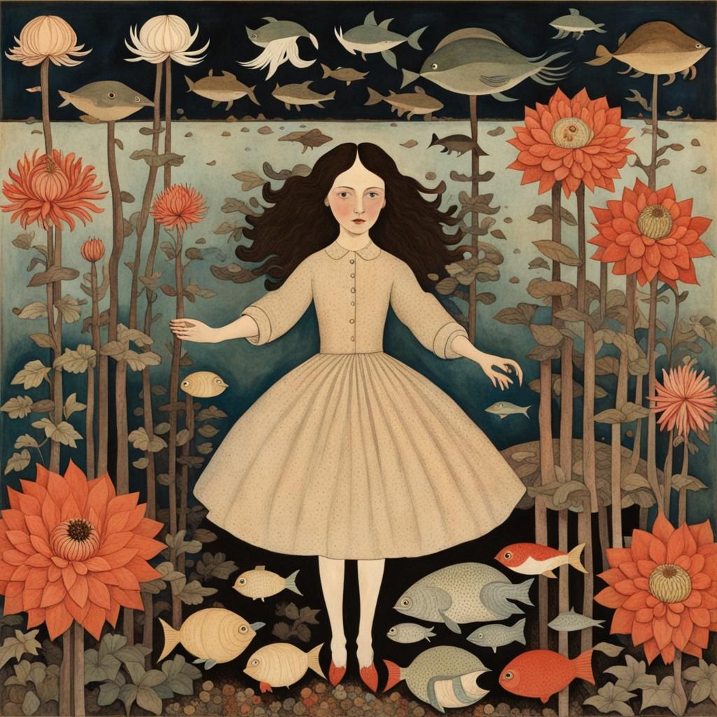 Dahlia garden under the sea; folktales, Naive art, divionism; Hannah ...