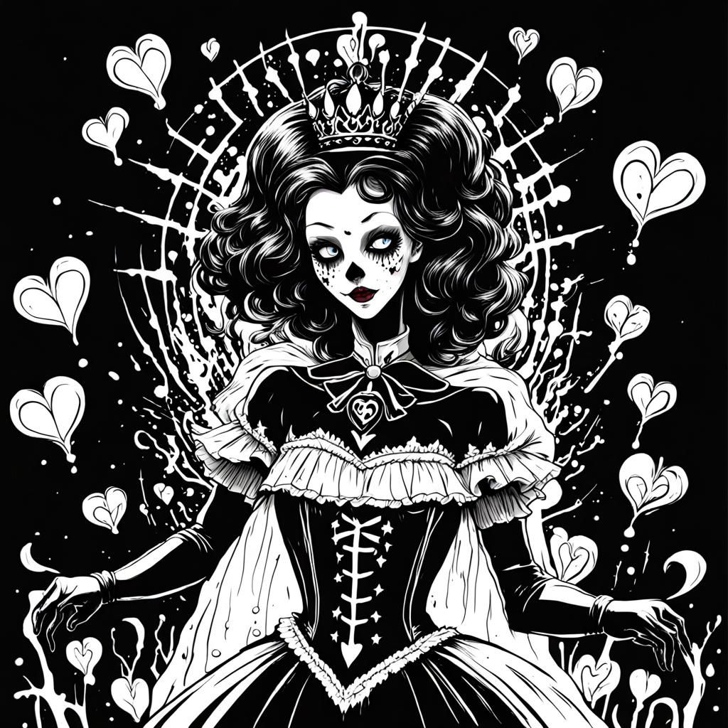 " dessin au trait de queen of heart au pays de la folie " 