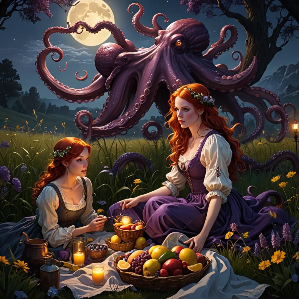 octopus and beautiful redhead enjoying picnic in meadow unde...