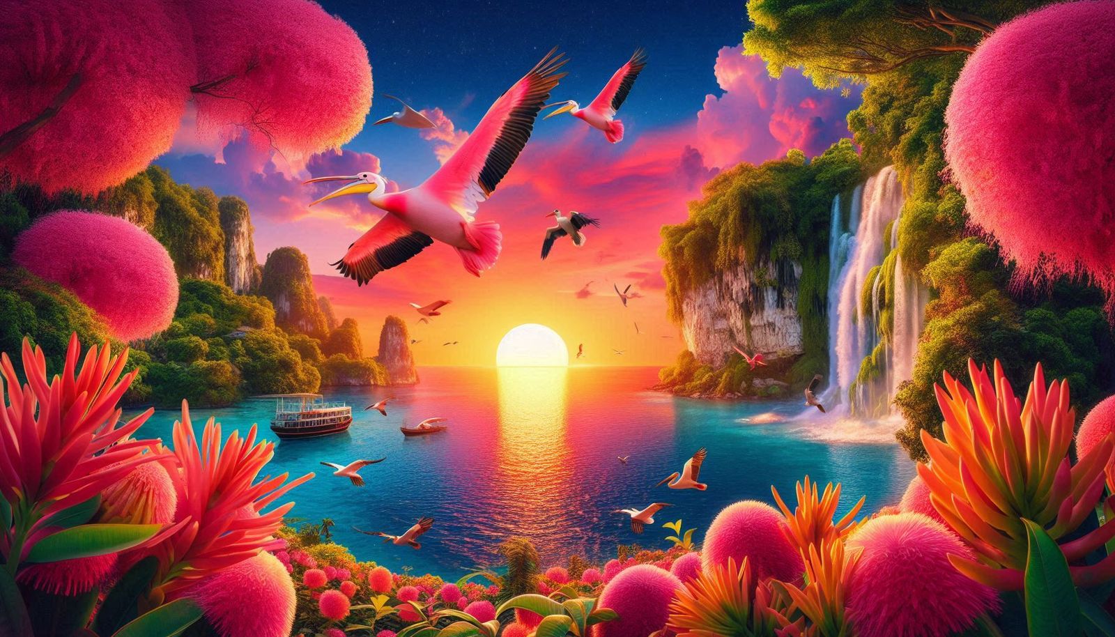 Vibrant Flamingos Fly Over Surreal Lagoon in Caribbean