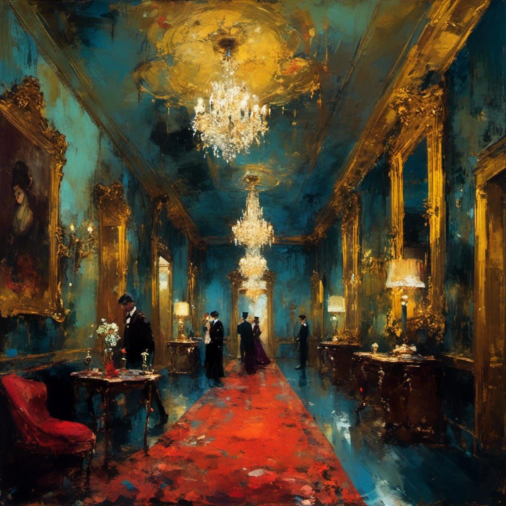 <lora:MJ6 Painterly:1.0> A mysterious masked ball held in a grand Victorian mansion, expressionism painting, the overall style has elements...