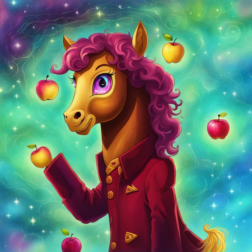 This pony is male with maroon eyes, a maroon coat, and a cur...