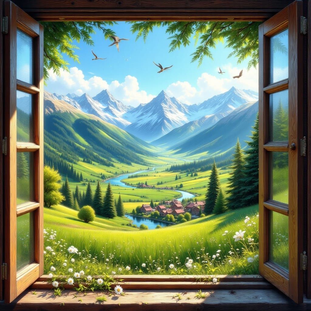 Serene Hyperrealistic Landscape Seen Through a Window