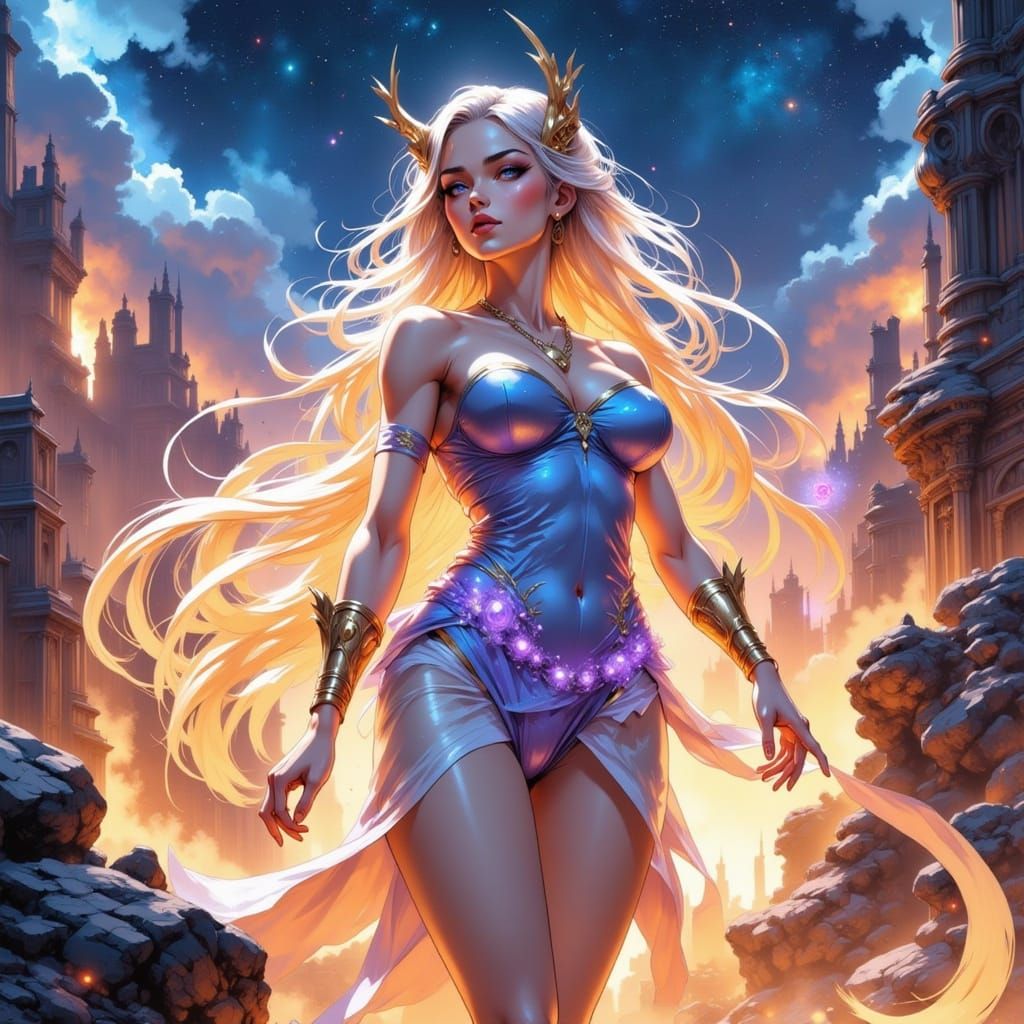 Warrior Princess on Celestial Battlefield in Anime Style