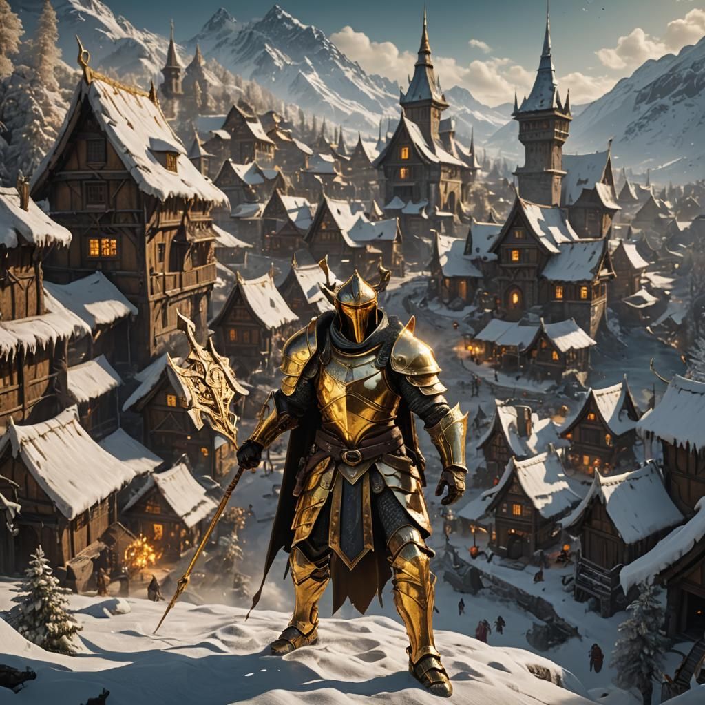 Man in golden armor holding spear with frigid village