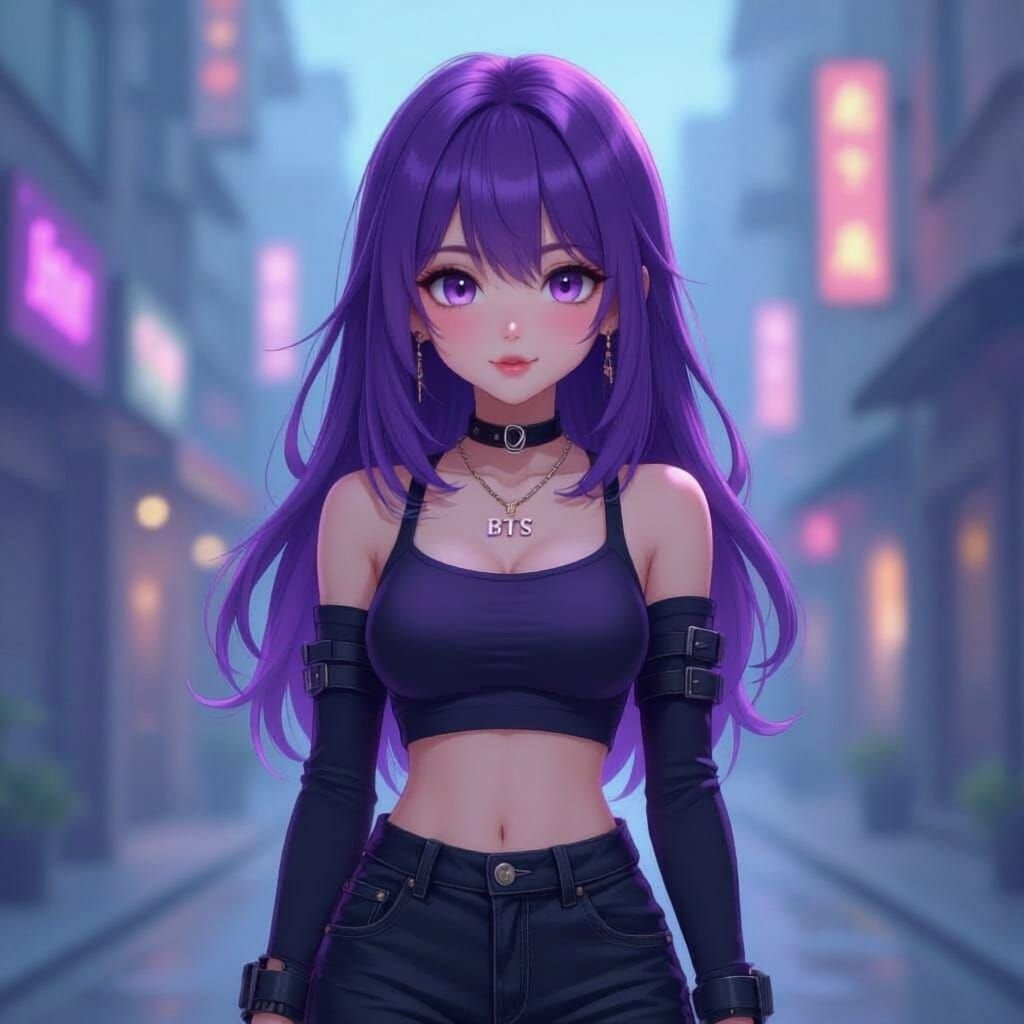 a cute girl wearind a black combat jeans and a fitted purple half top and purple hair she should be wearing a neckchain with the initials BT...