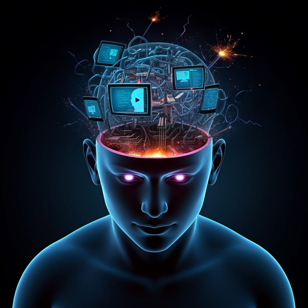 Futuristic Headscape: Digital Circuits and Neural Chaos