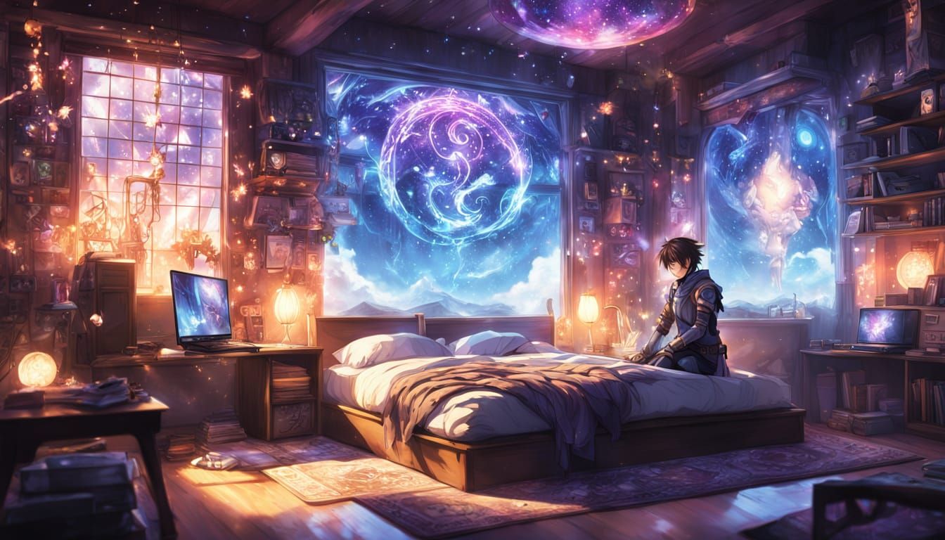 An anime-style scene where a shy young man in a cozy, merch-filled bedroom interacts with a radiant fantasy ...  by @Ivone