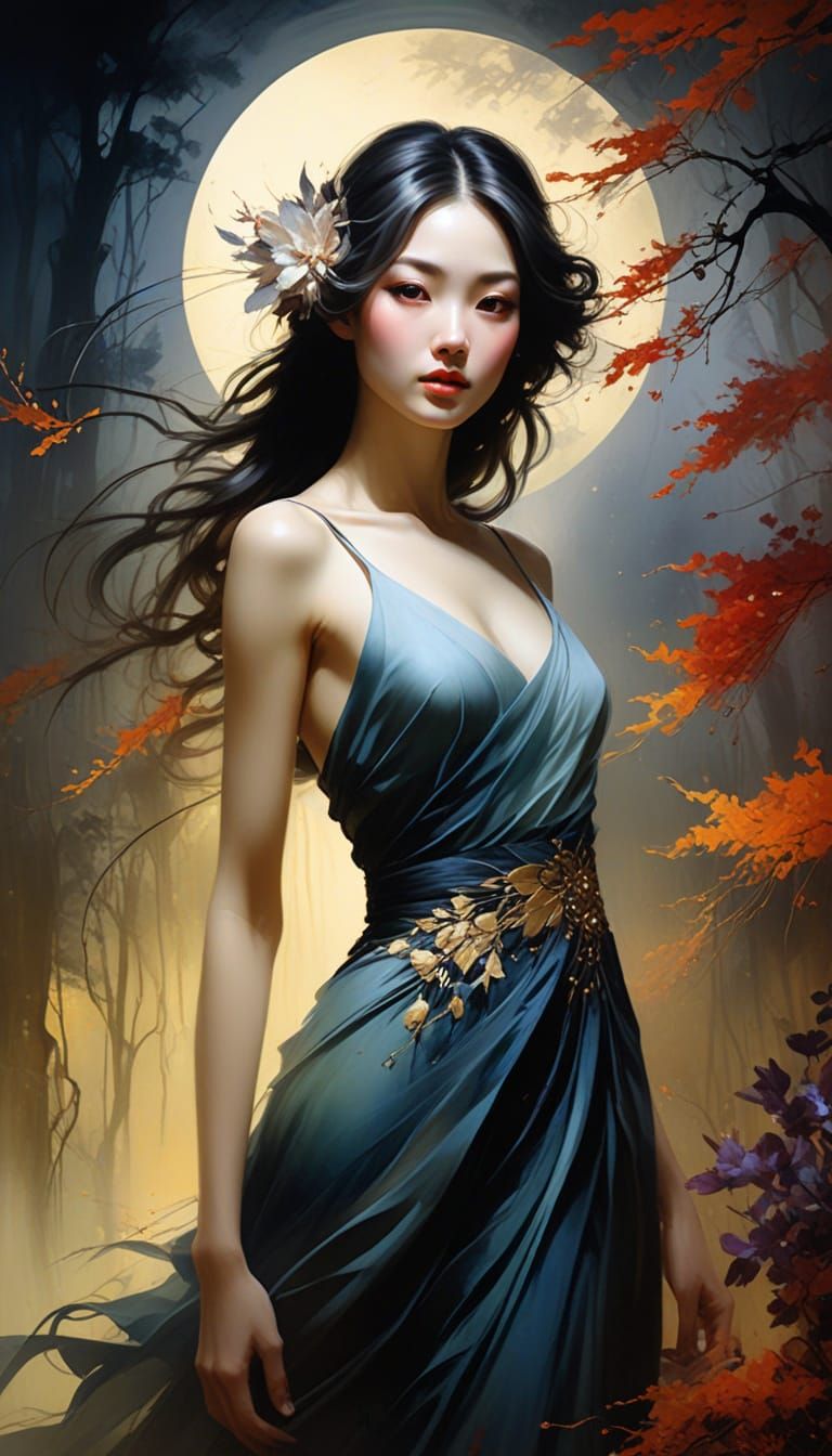 Ethereal Japanese Beauty in a Dreamlike Moonlit Garden
