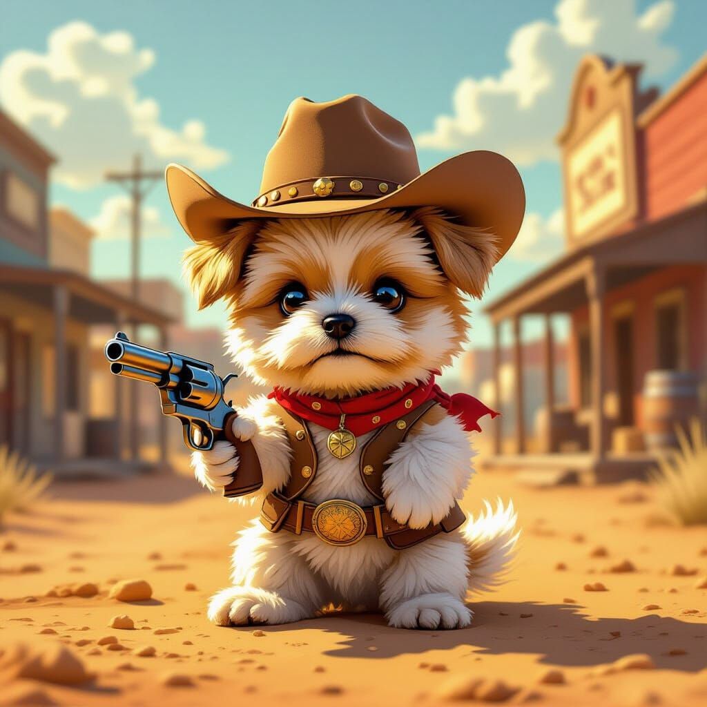 Cowboy Dog with Revolver in Wild West Town