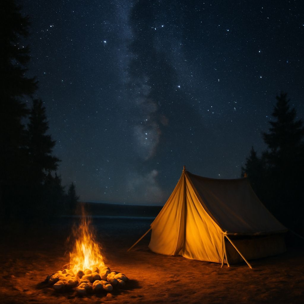 Cozy Campsite at Night Under Starry Sky