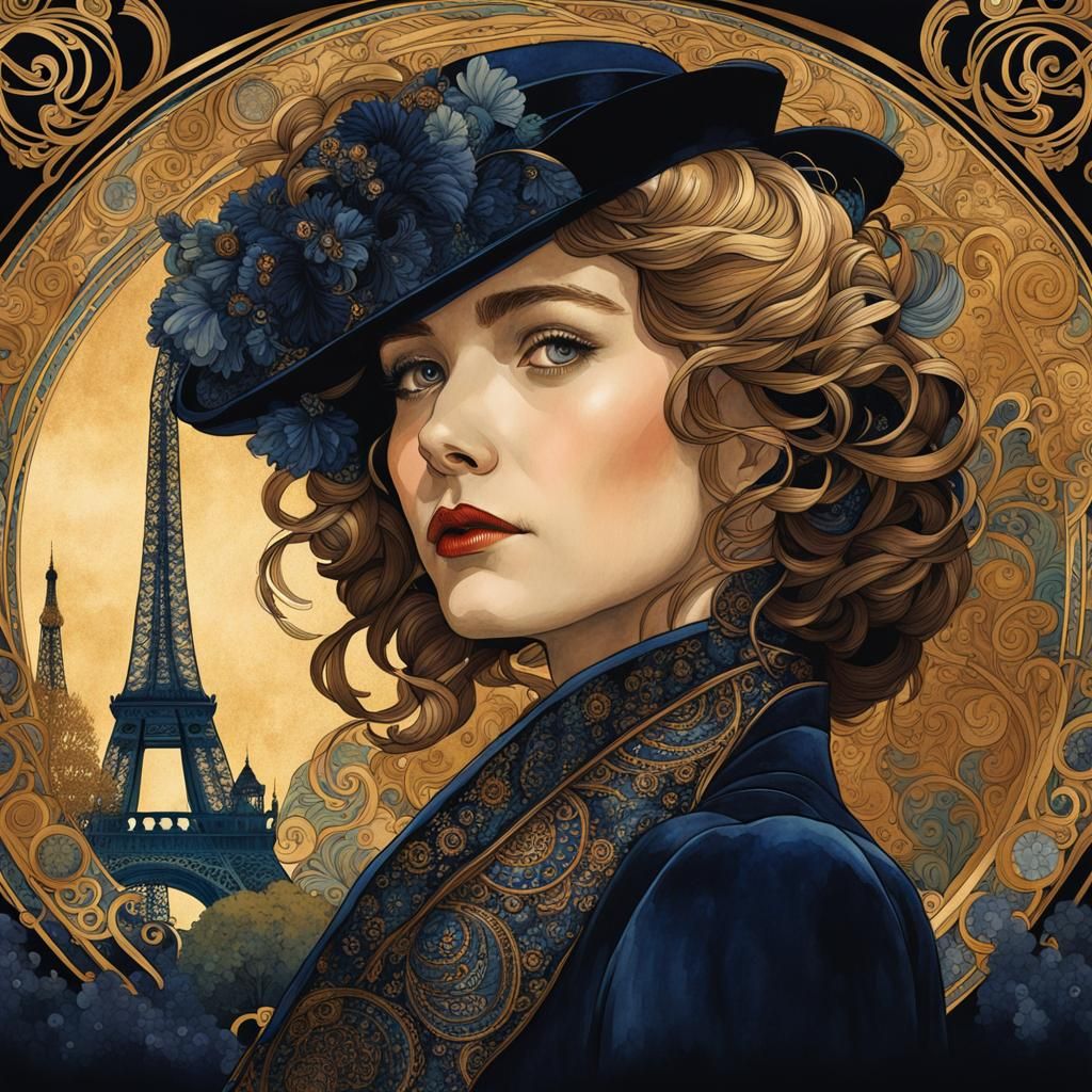 Parisian Midnight: Surreal Portrait in Art Nouveau Style