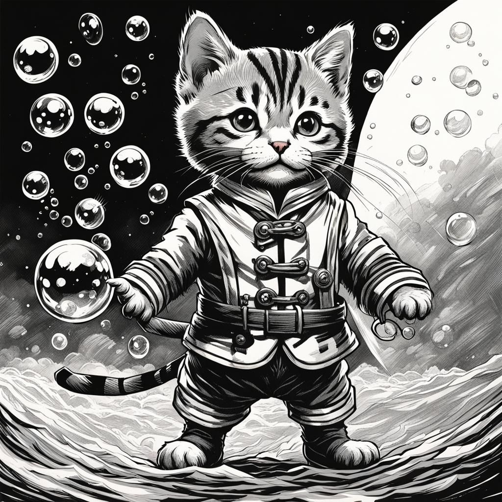 Style of Tenniel,a drawing of a tabby kitten in a sailor sui...