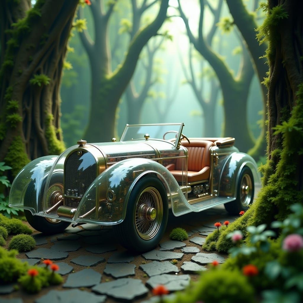 <lora:Transparent:1.0>A transparent Vintage car, showing all the parts inside, including the engine, the old seats, and every detail in it....