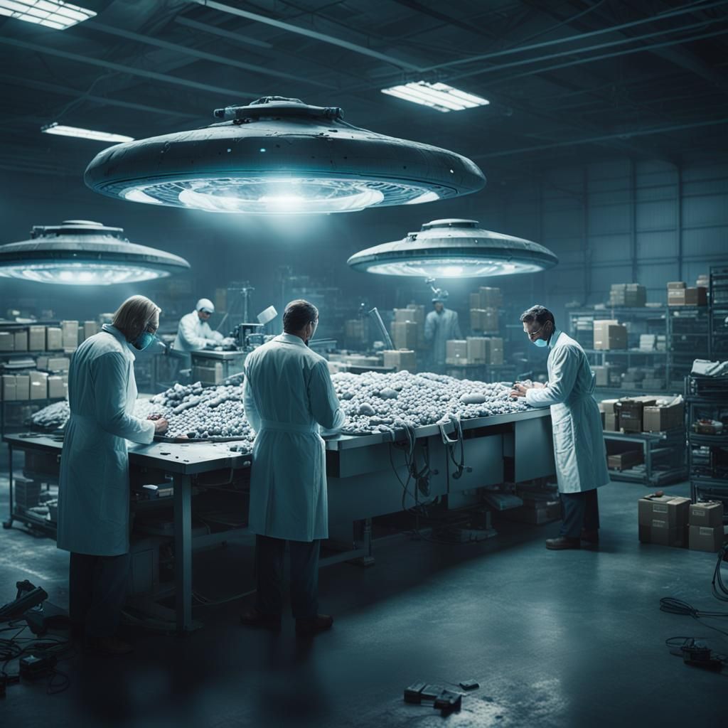 scientists, in the lab working on a crashed UFO in a highly ...