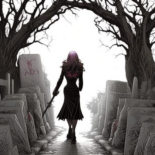 woman walking in a graveyard