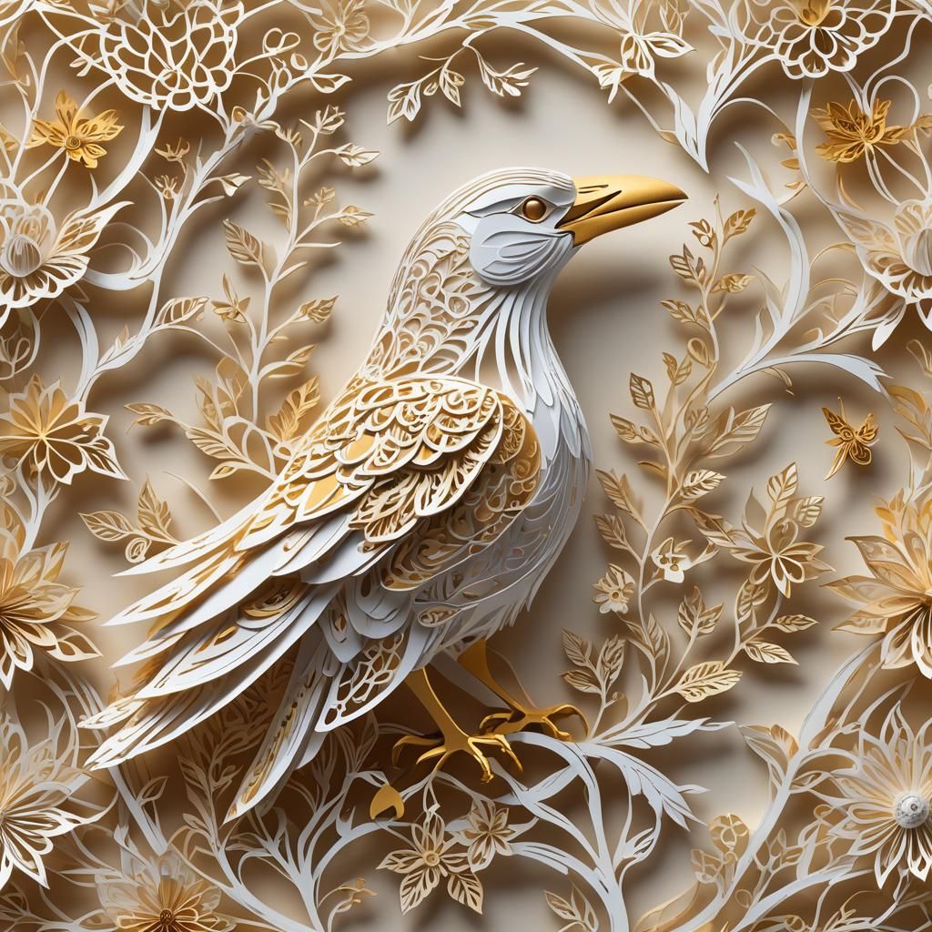 Kirigami crow
White and gold filigree paper art Origami paper folds papercraft, made of paper, stationery, ...  by @Inari