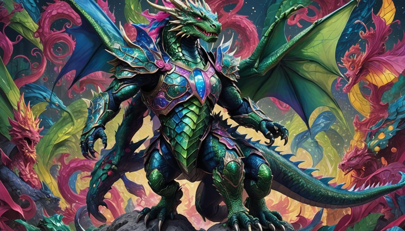 Epic realistic armored dragon standing on 2 legs wearing a c...