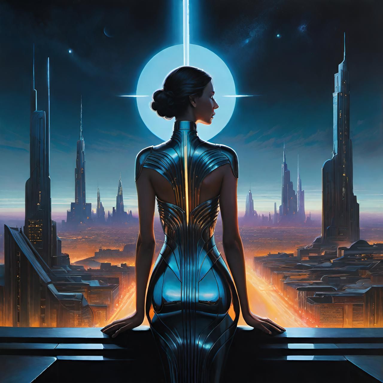 Woman in a minimalist, art-deco cityscape, her body sculpted from polished chrome and glowing neon