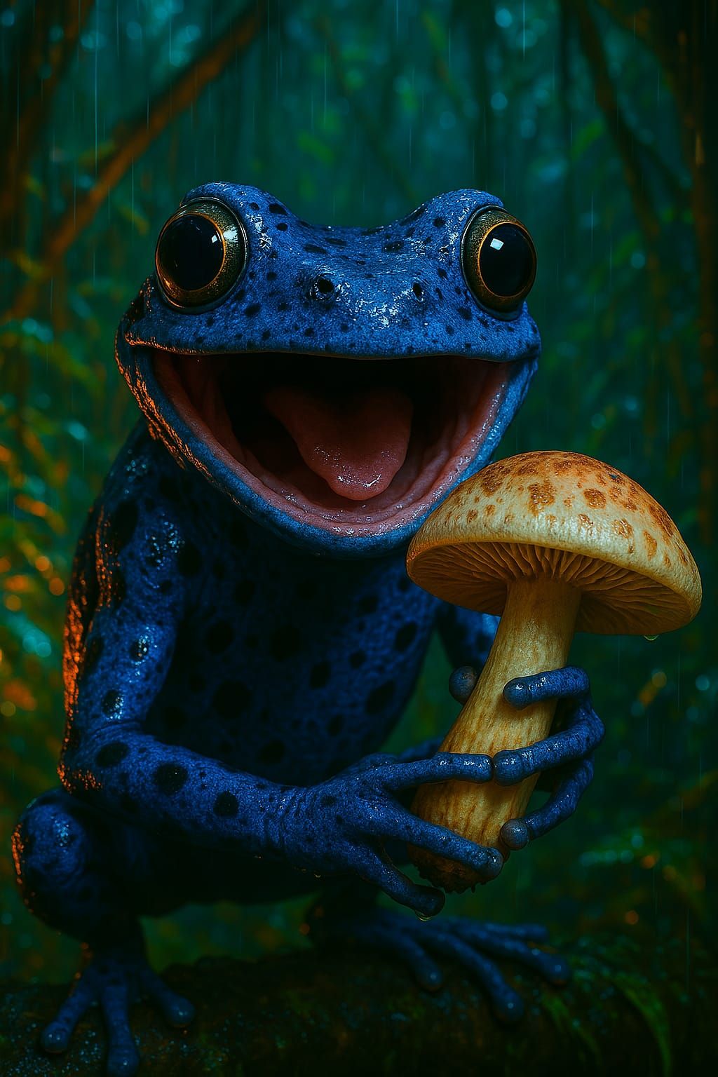 Happy Cobalt Blue Poison Frog with his little emotional supp...