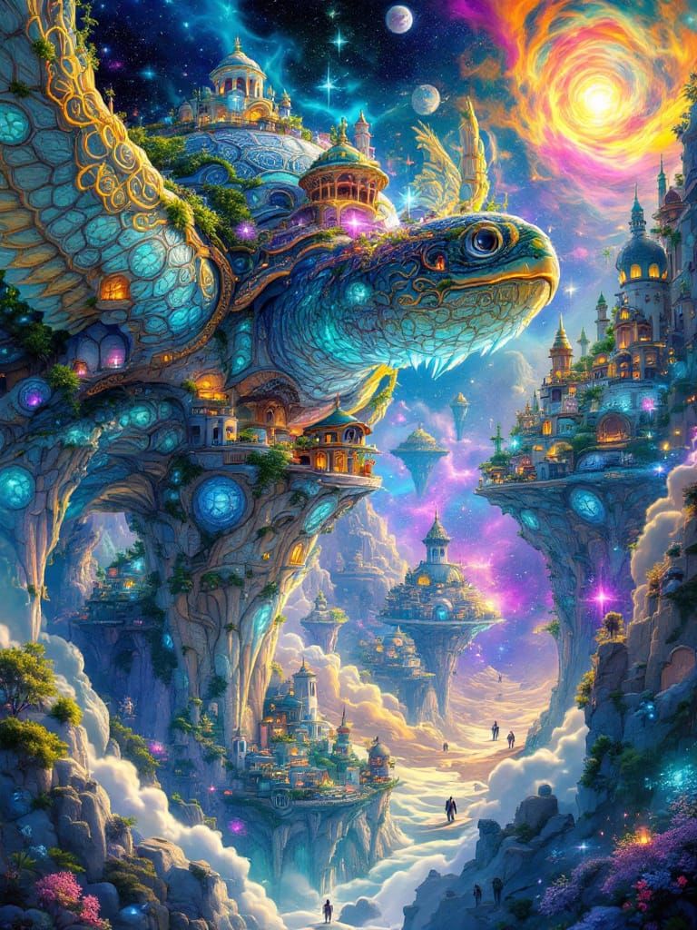 A whimsical world where entire cities are built upon colossal, ancient turtles that slowly drift through ...  by @SaraM