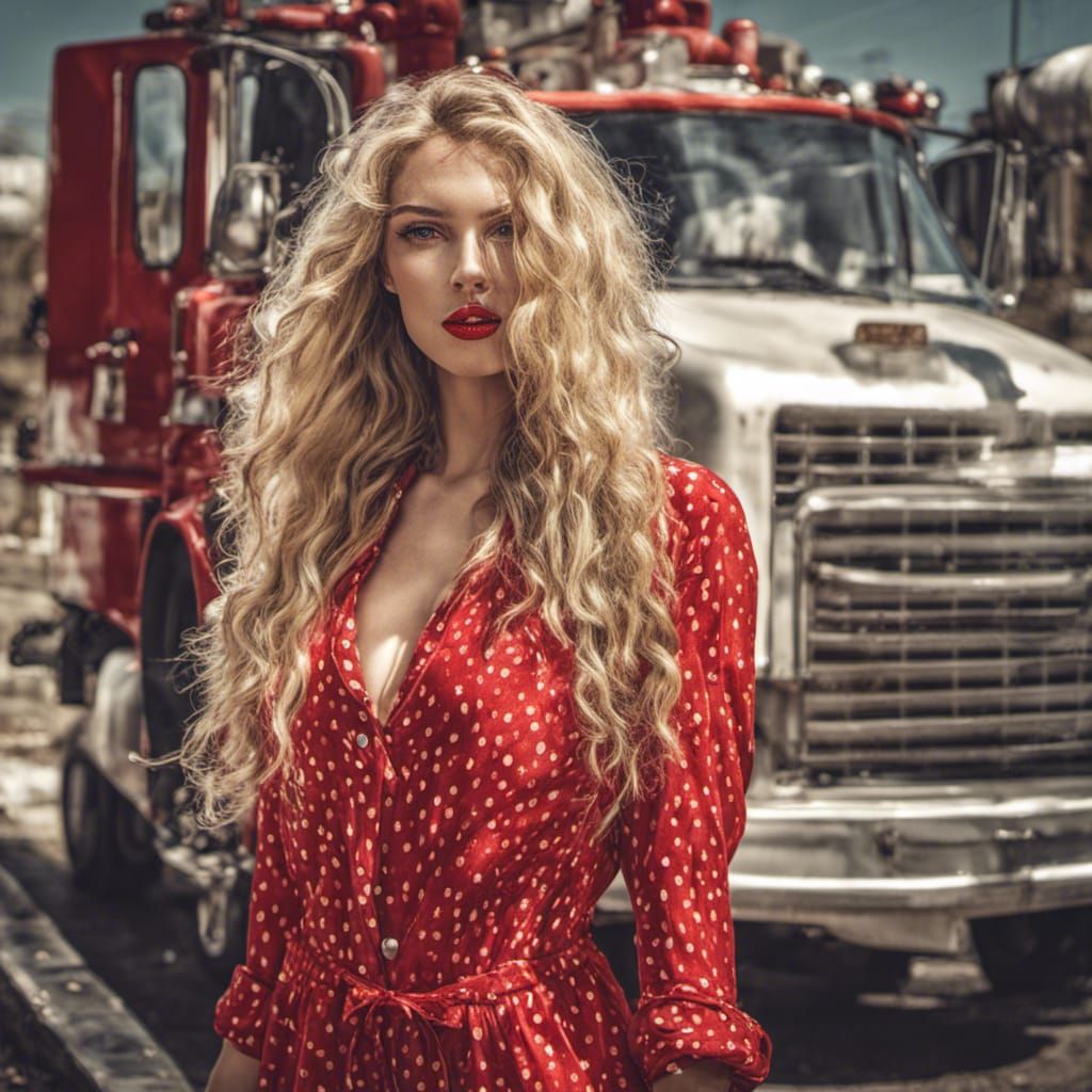 beautiful woman with long thick blonde hair red lips in a st...
