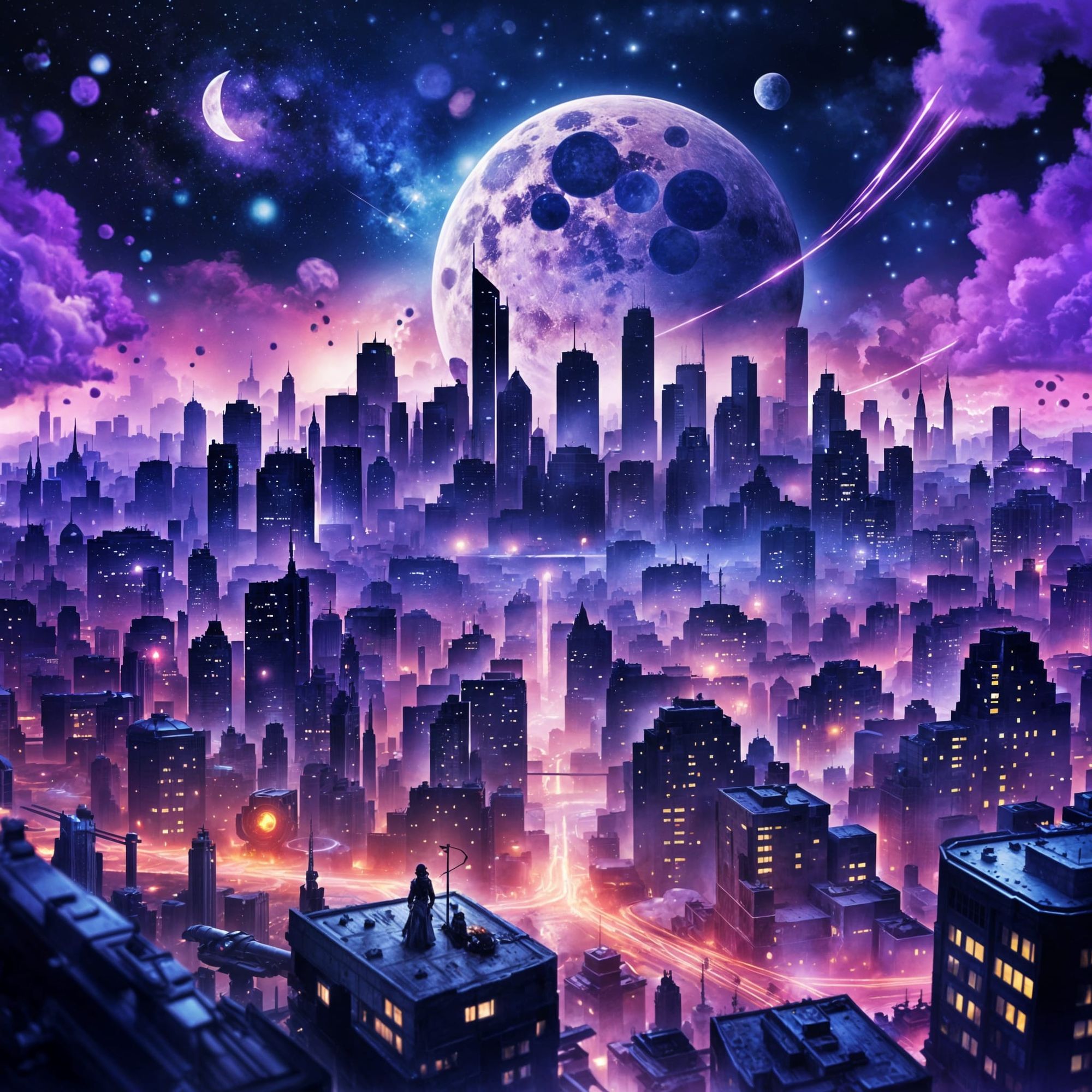 Beautiful city post apocalypse futuristic city skyline. Post apocalypse, exploded moon with a saturn ring. Meteor shower. Brilliant unrealist...