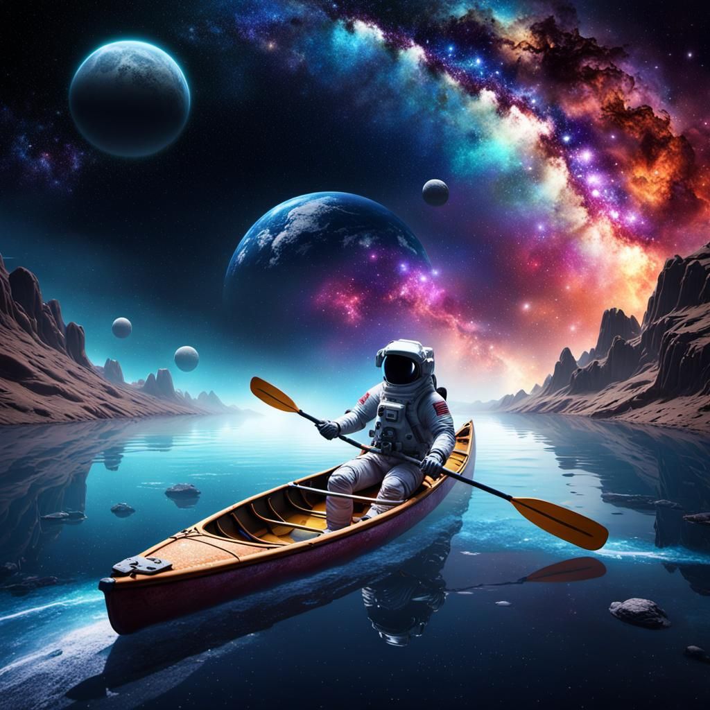 An astronaut rowing in a canoe on the Milky Way in outer space with a colorful cosmic background.   by @Darquewing