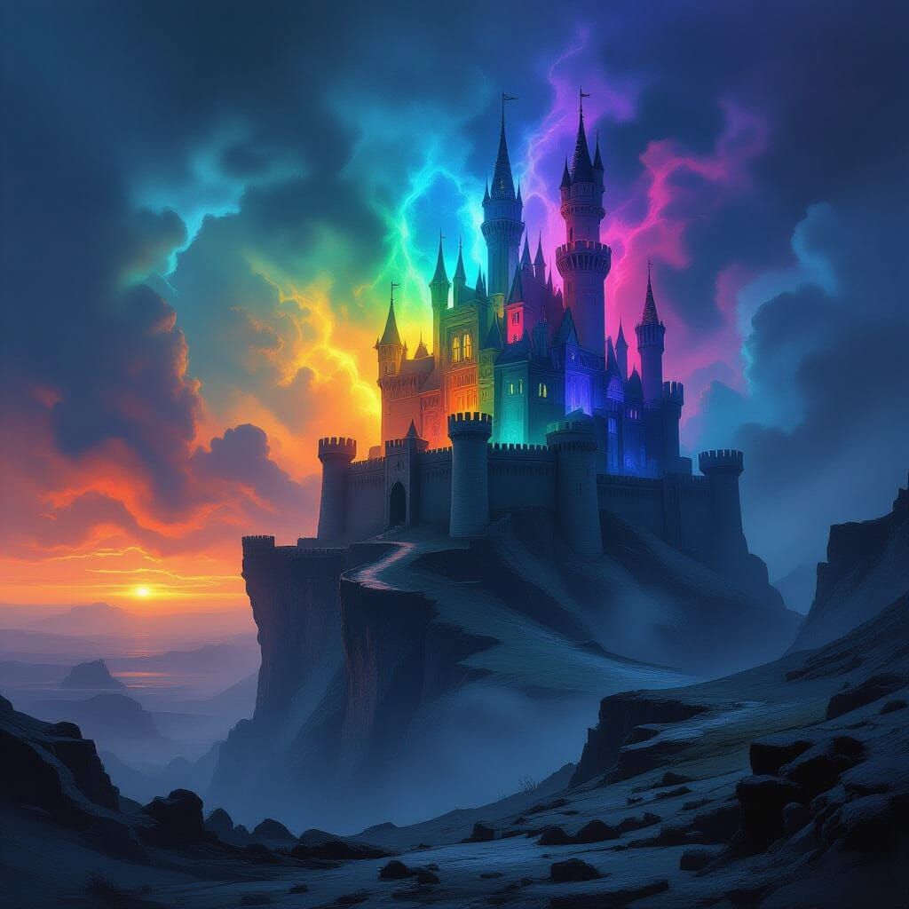 Rainbow Castle on Barren Cliff in Dark Fantasy Style