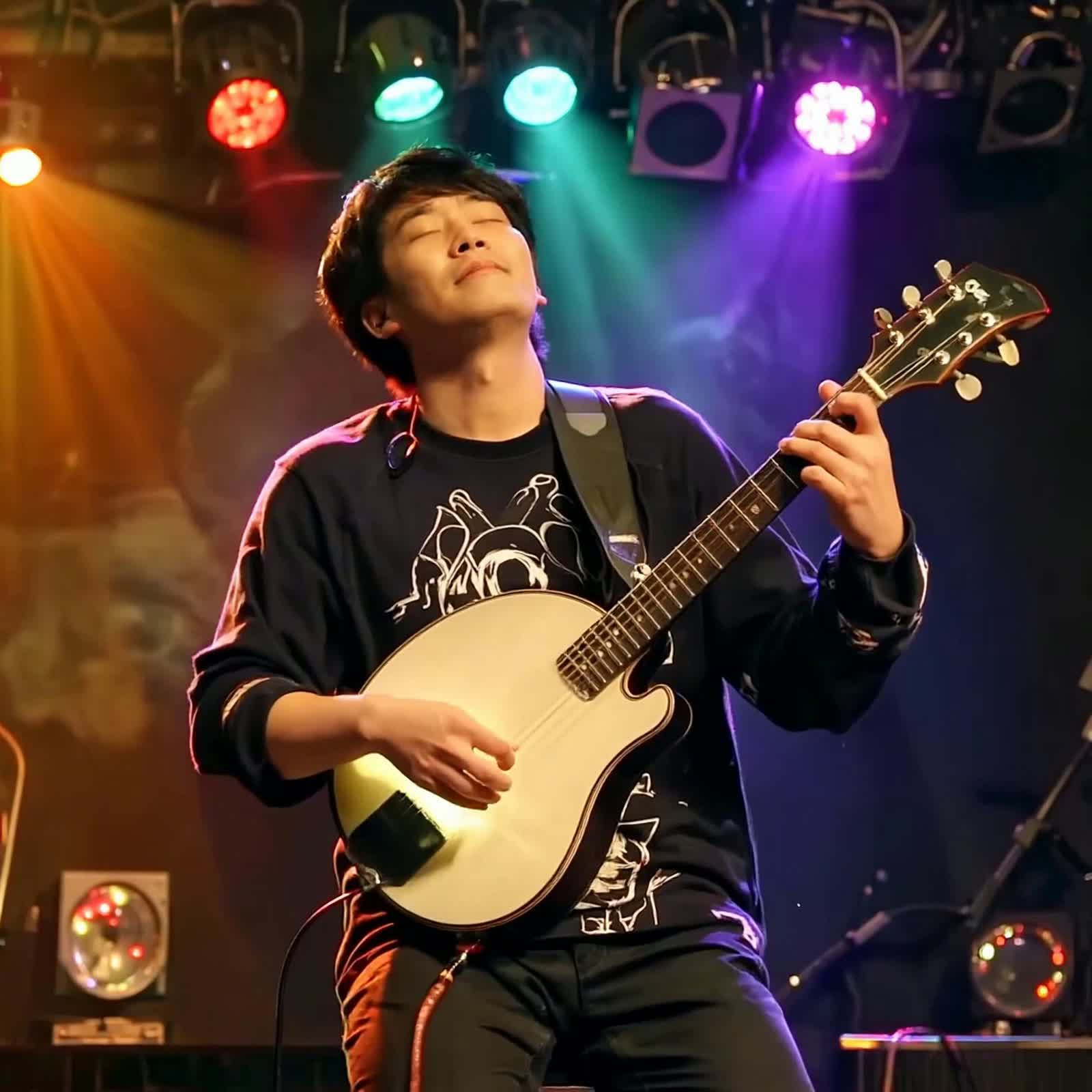 An ecstatic musician lost in the rhythm, their eyes closed in bliss as they play a vibrant, glowing instrument on a stag...