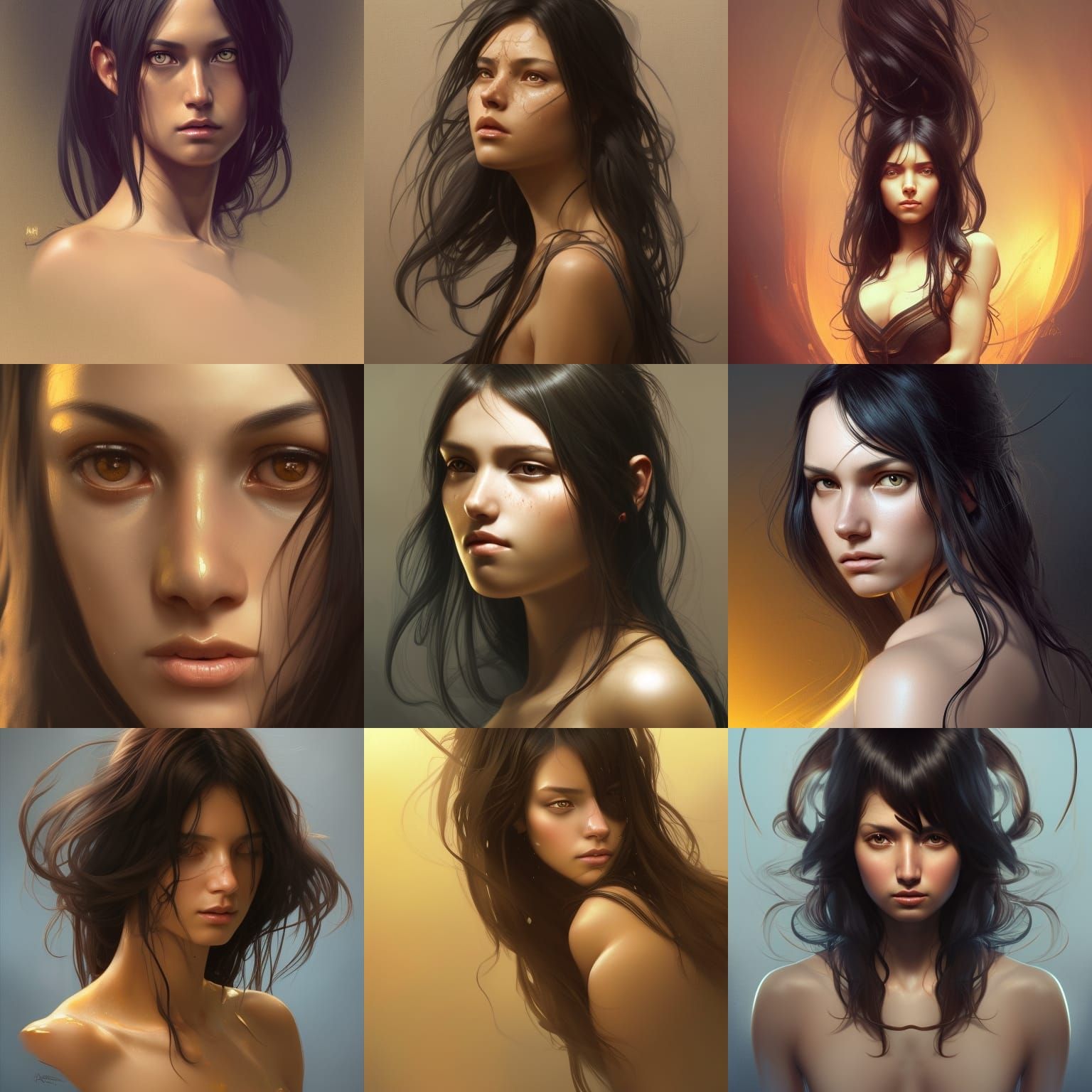 slightly tan girl with long black hair and golden eyes - AI Generated ...