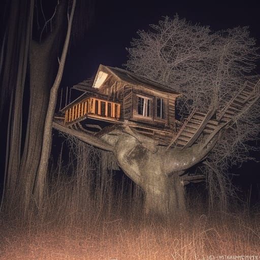 spooky haunted abandoned tree house at night