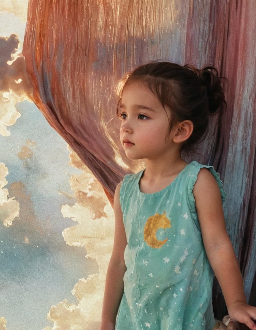 The same girl in the seed photo in front of a celestial cloud