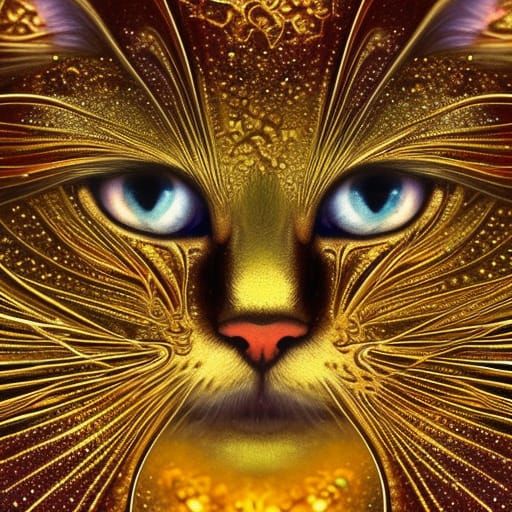 cat, glitter gold, extremely detailed fractal, fractal gems,...