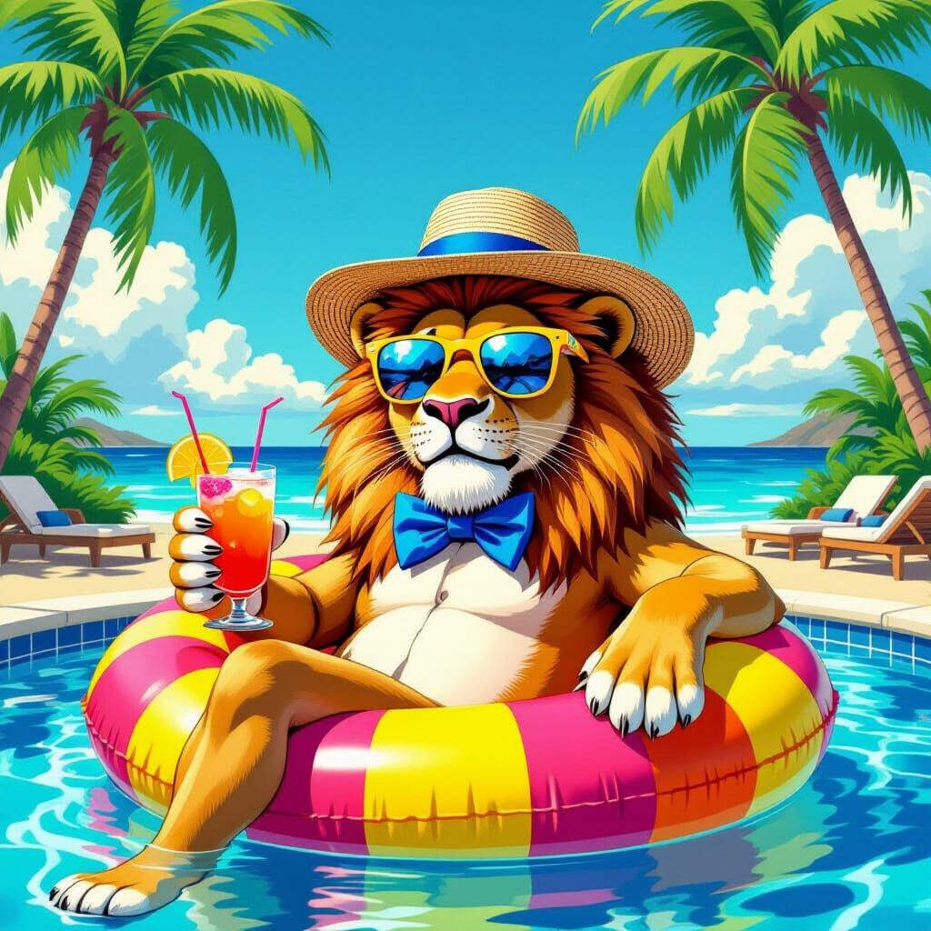 A dapper, anthropomorphic lion is relaxing in a colorful, inflatable pool float in a luxurious swimming pool. He is sporting cool sunglasses...