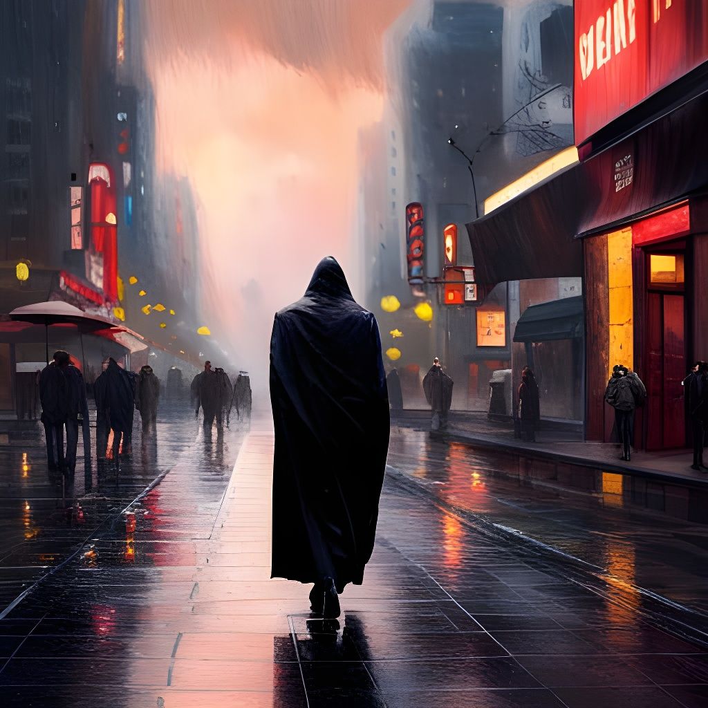 A cloaked figure walking down a street while it's raining false