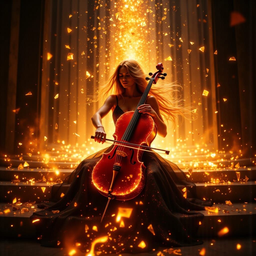 <lora:shaards:1.0> A cellist with flowing golden hair, seated with a cello that glows like molten amber. Each stroke of the bow leaves trail...