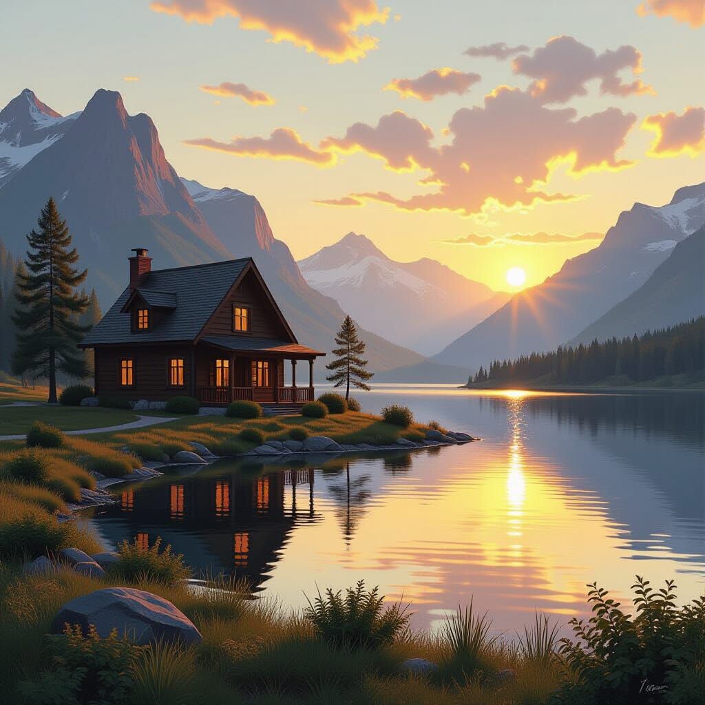 Cozy House by Tranquil Lake in Golden Hour Matte Painting