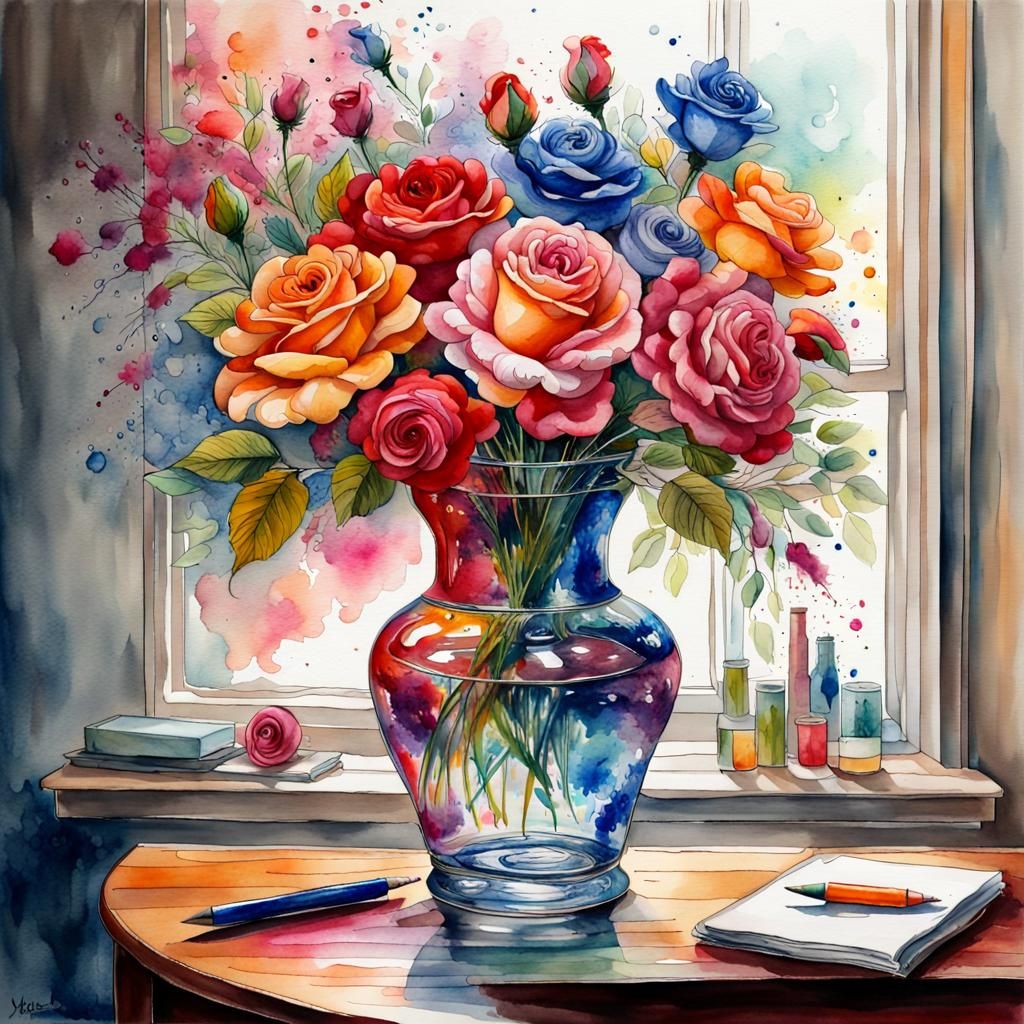 watercolor glass vase full of roses  by @Neodyme