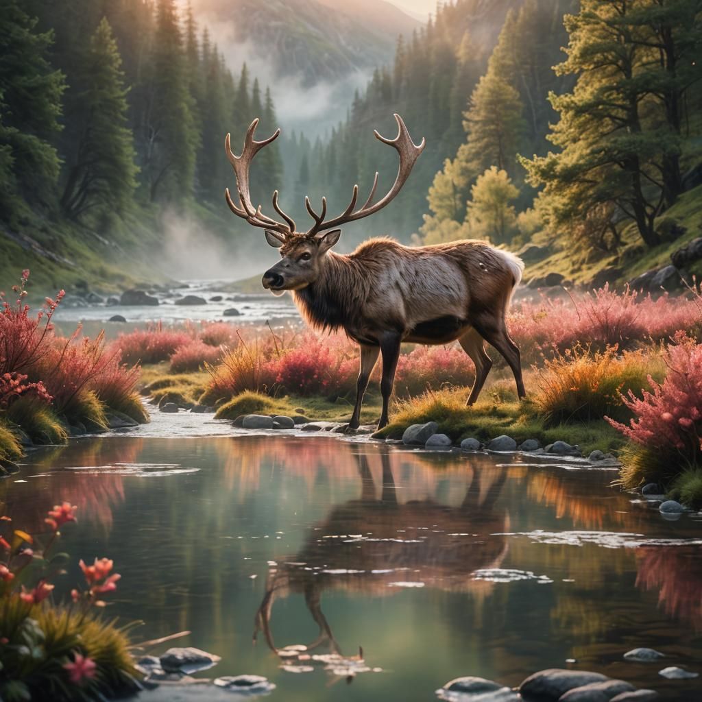 Sunrise red pink and orange yellow sky, magical spectacle river, valley, Reindeer with large antlers, ...  by @Ann