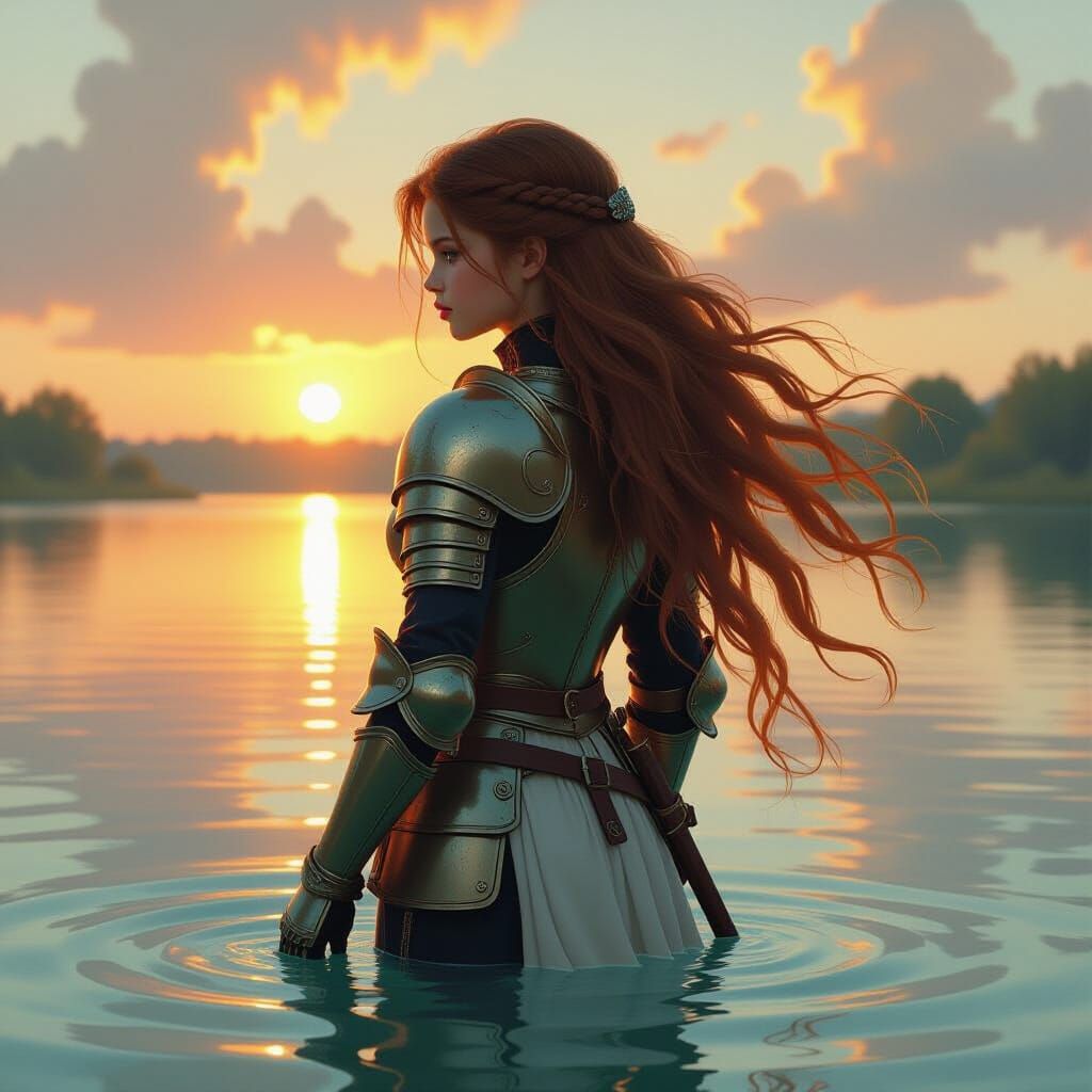 Girl in Knight Armor by Turquoise Lake at Sunset