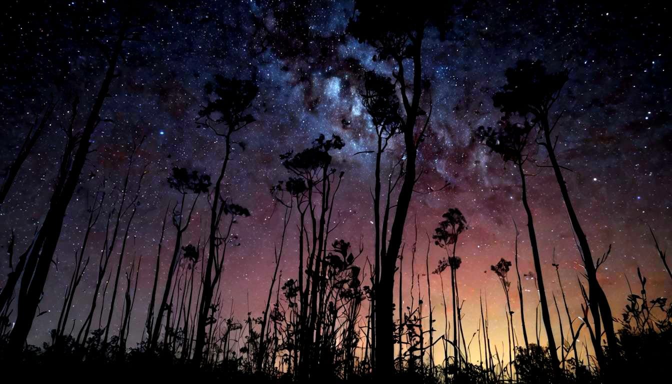 Bosque de Eucaliptus nocturno en cielo estrellado