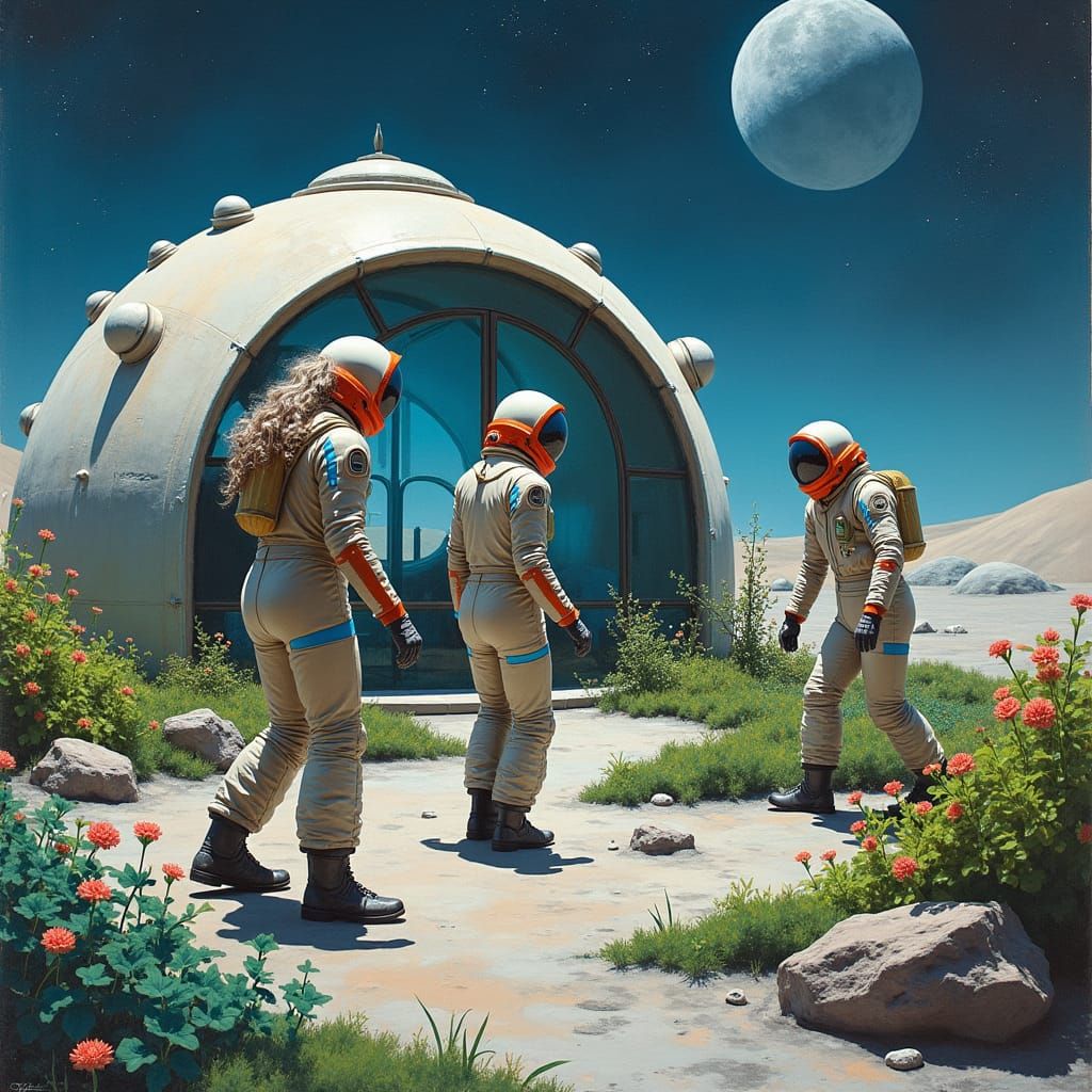Three women in spacesuits and helmets, one of them an older ...