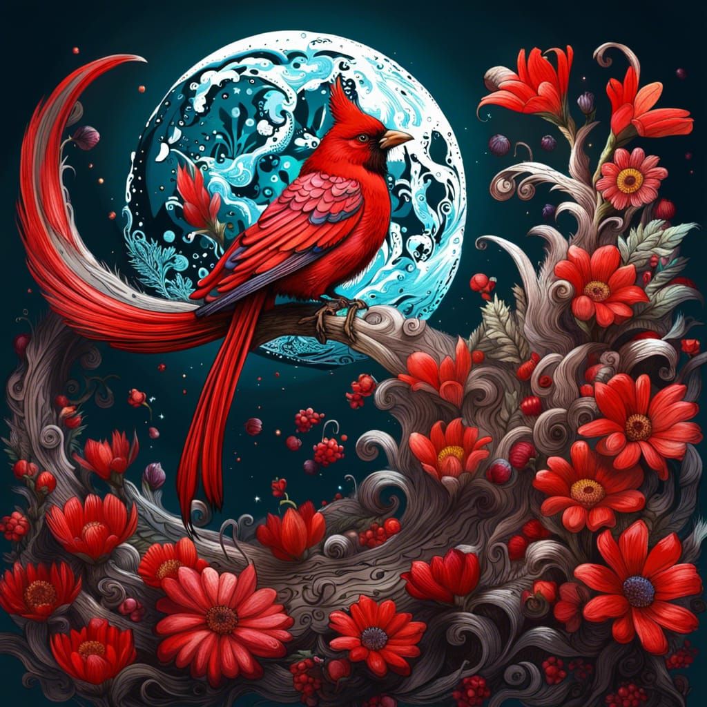 Amazing epic red bird with long flowing tail on crescent of flowers, fun moon background, insanely detailed, ...  by @KrystofM75