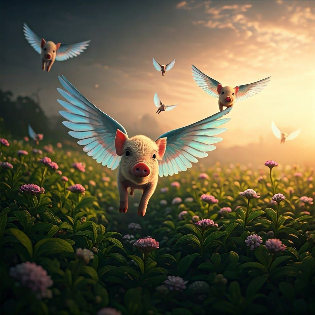 Iridescent Piglets Soar Through Golden Hour Sky in Whimsical...