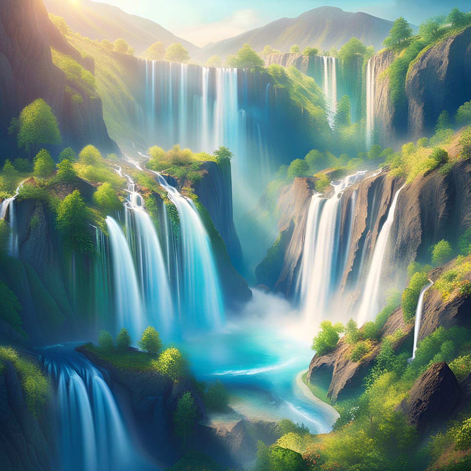 Majestic waterfalls cascade from a height