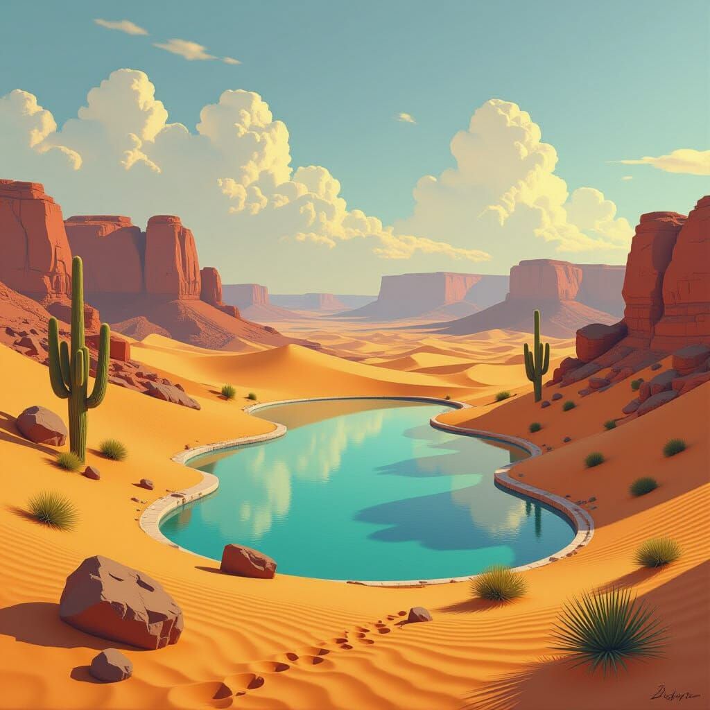 Vibrant Desert Landscape with Surrealist Depth