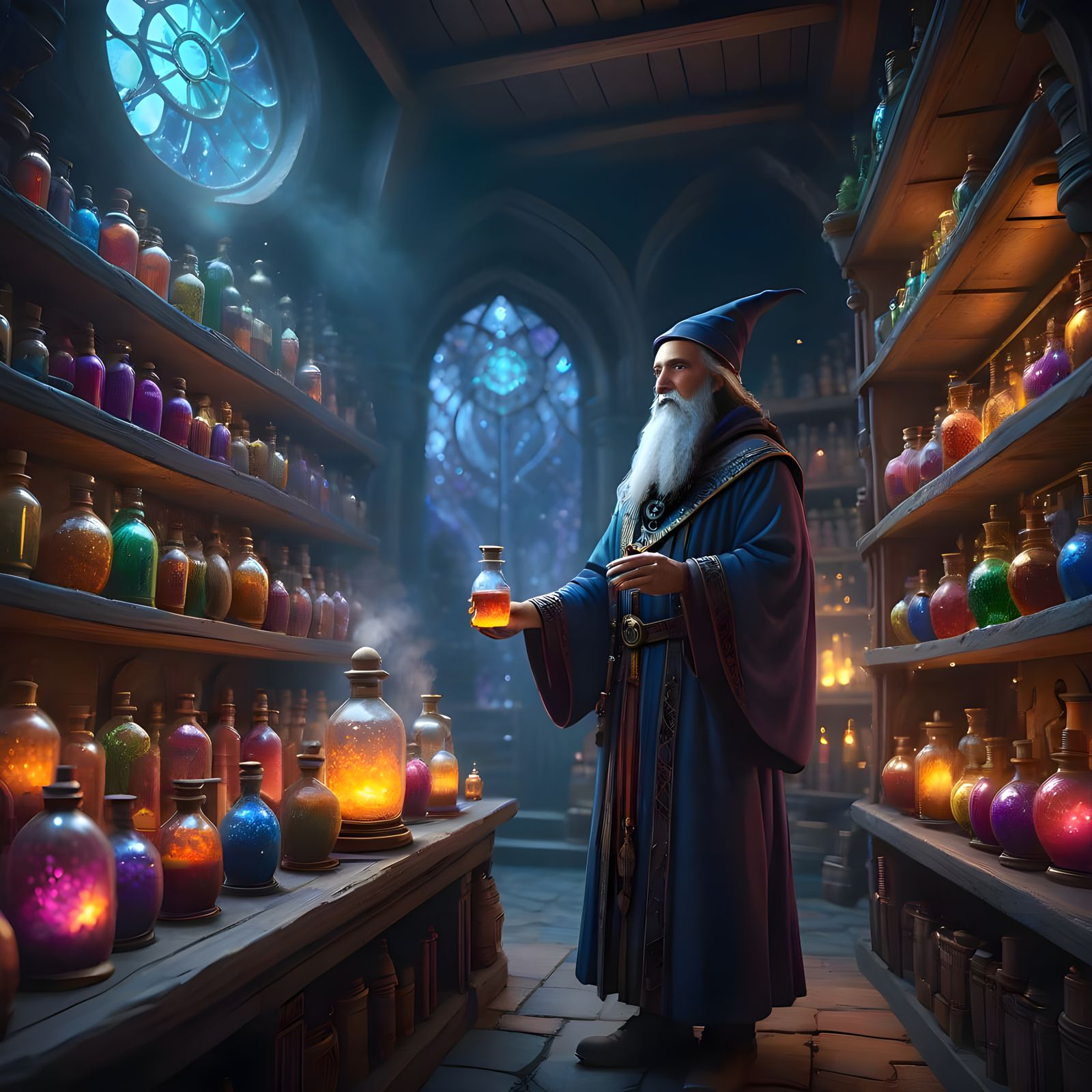 A wizard's room with glowing potions bubbling away.