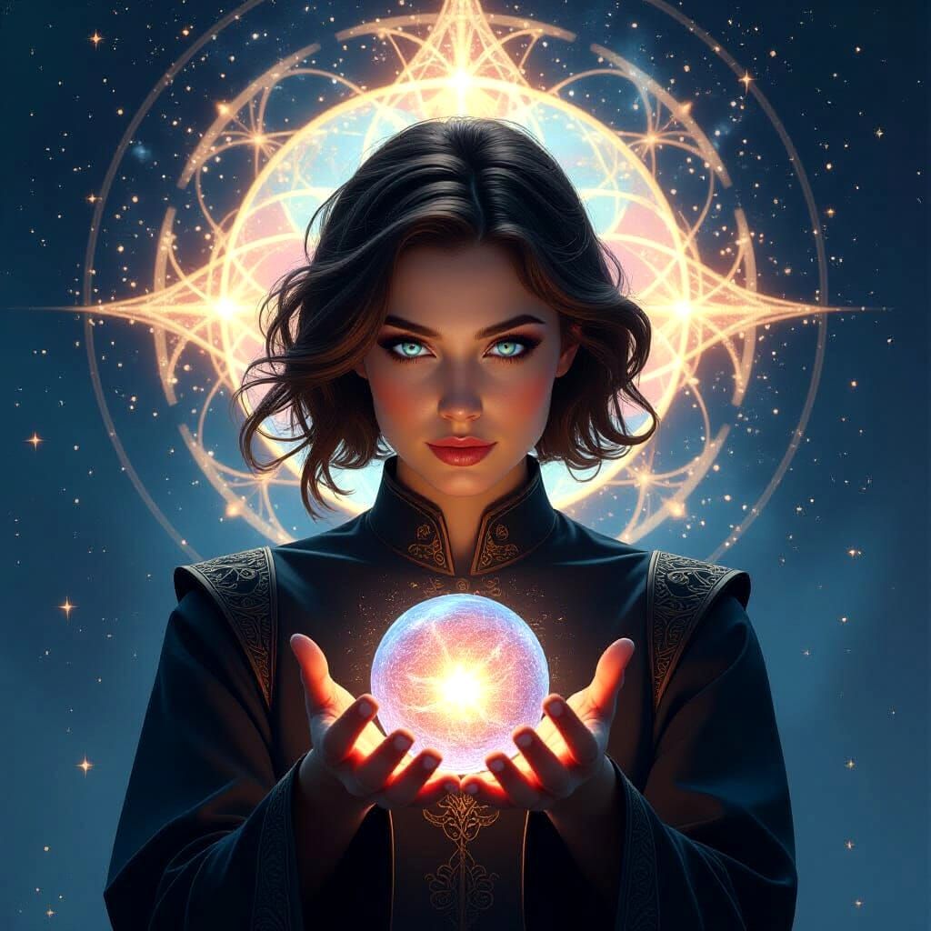 A cosmic architect with eyes like distant galaxies, designing impossible structures in the void. The architect's hands glow with celestial e...